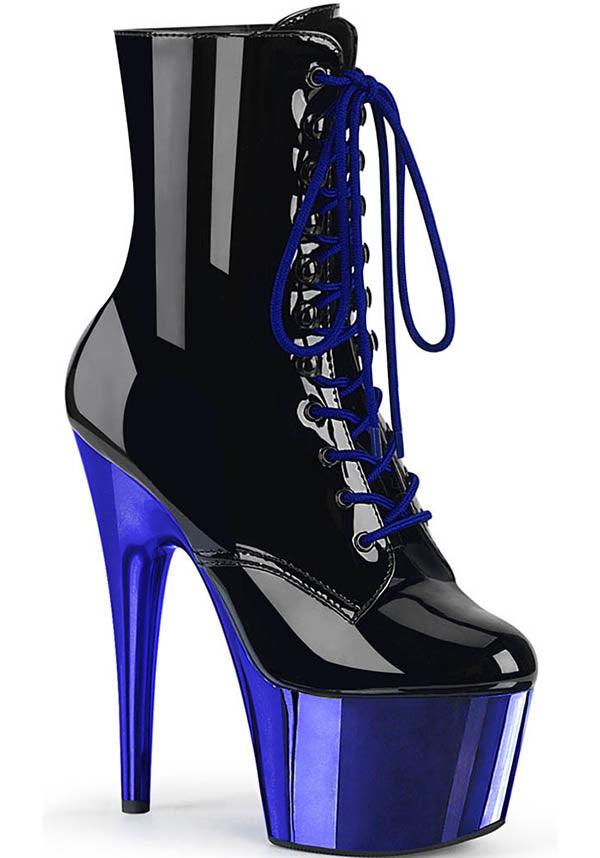 ADORE-1020 Platform Heel Pre - order: Black Patent Leather and Royal Blue Chrome Lace - Up Front Ankle Boots