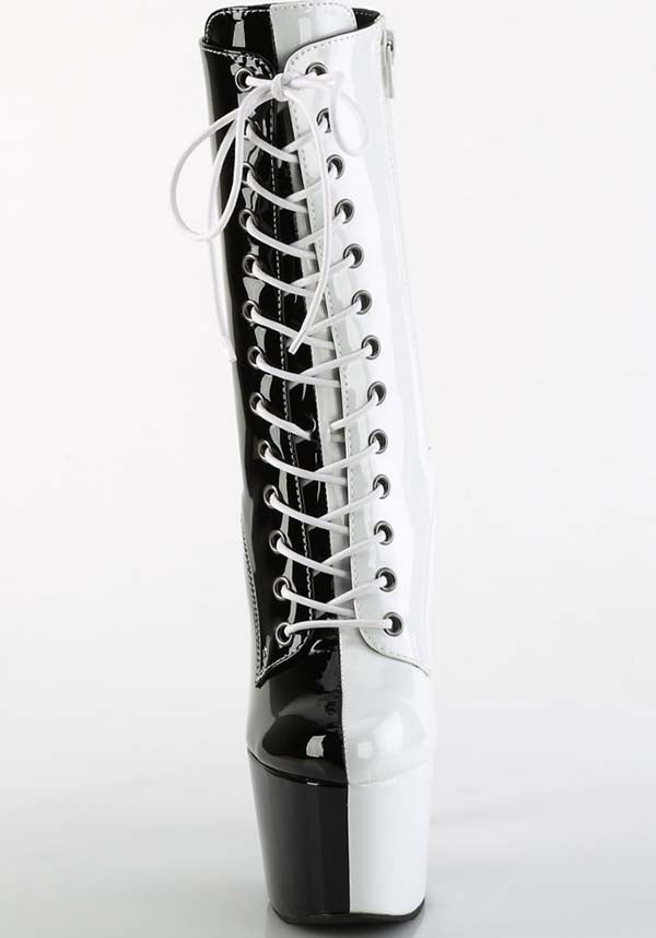 ADORE-1040TT Platform Boots in Black and White Patent Finish [Pre-Order]