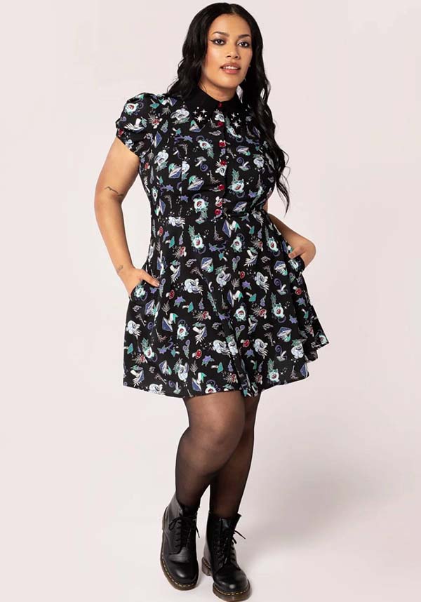 Hell Bunny Amanita Gothic-Style Printed Viscose Mini Dress for Women
