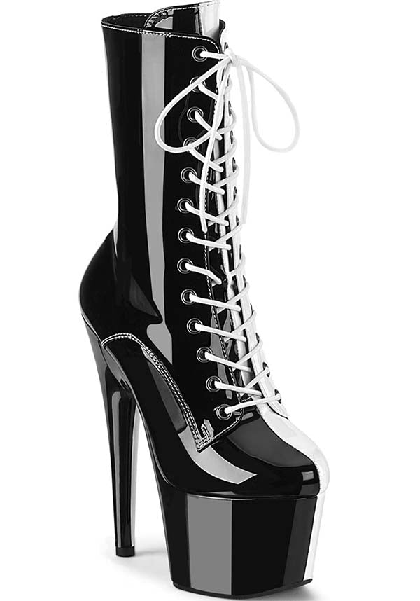 ADORE-1040TT Platform Boots in Black and White Patent Finish [Pre-Order]