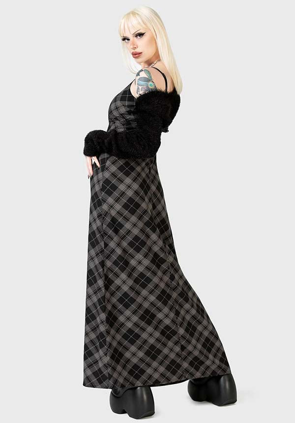 Alwina Grey Tartan Print Maxi Slip Dress for Women