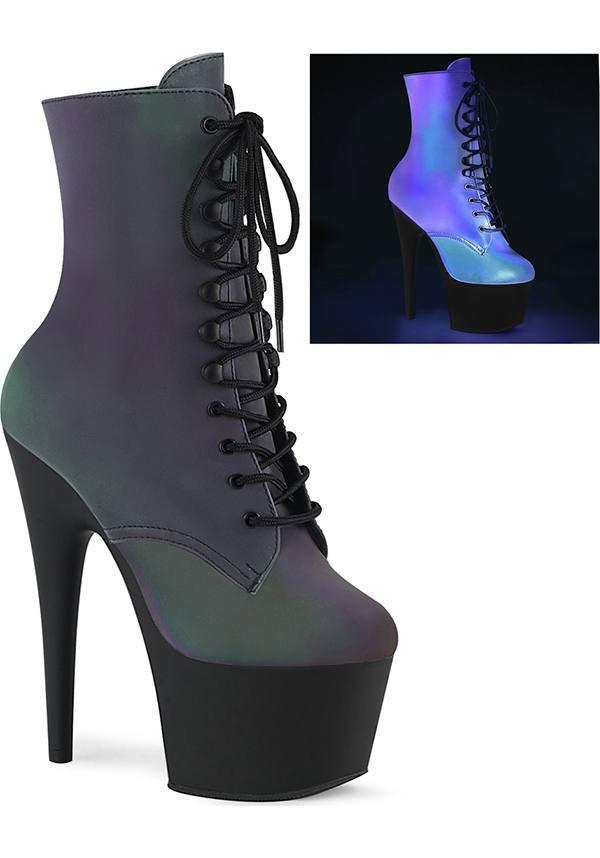 ADORE-1020REFL Preorder: Green Reflective & Black Platform Ankle Boots