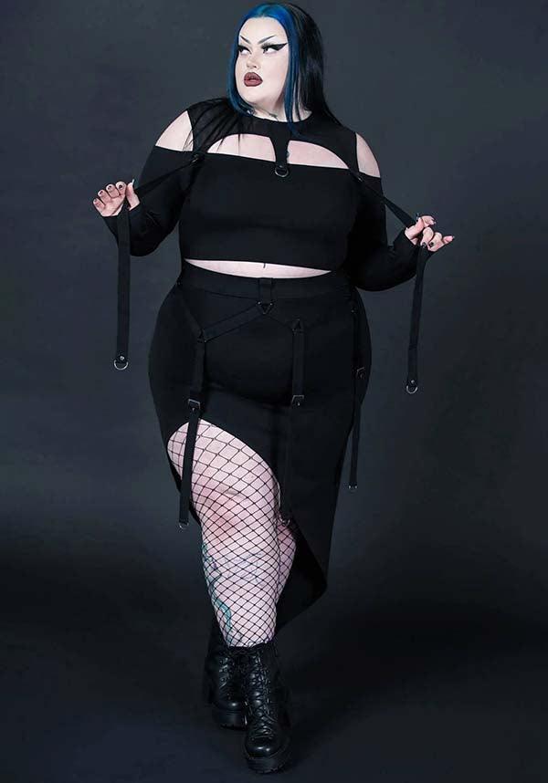 Acacia's Poison Women's Asymmetric MIDI Skirt with Statement Straps and Gun - Metal Hardware