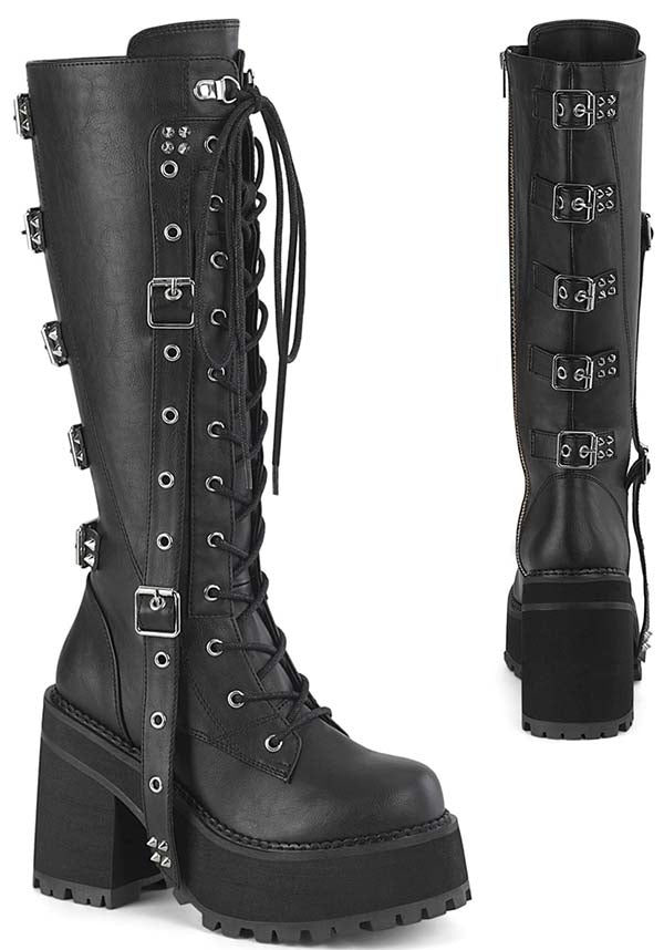PRE-ORDER: Black ASSAULT-218 Platform Knee-High Boots
