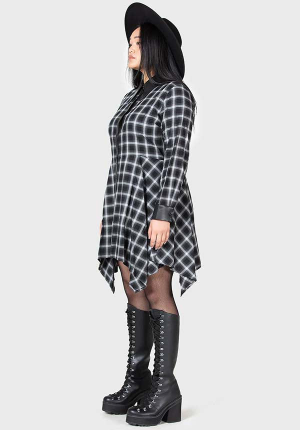 Artem Soft Cotton PU - Collar Black & Grey Tartan Mini Shirt Dress