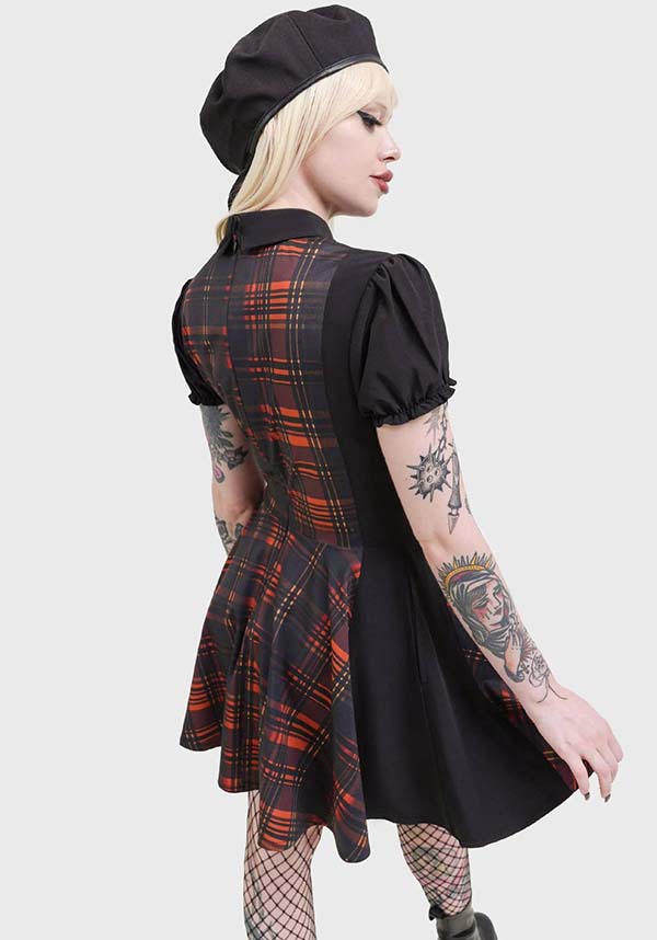Amberic Women's Orange Tartan Print Mini Dress with Chain Details