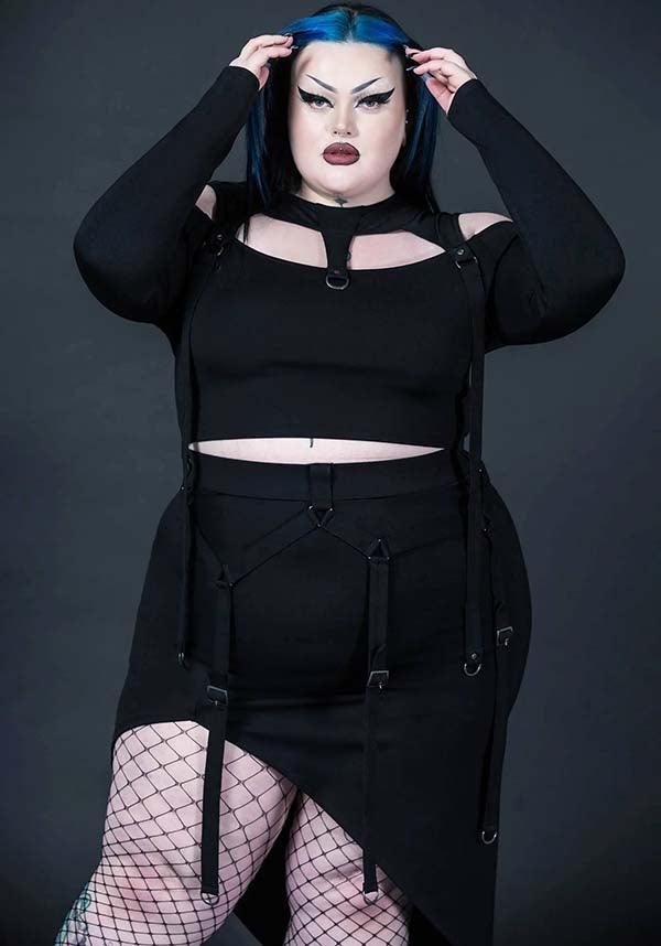 Acacia's Poison Women's Asymmetric MIDI Skirt with Statement Straps and Gun - Metal Hardware