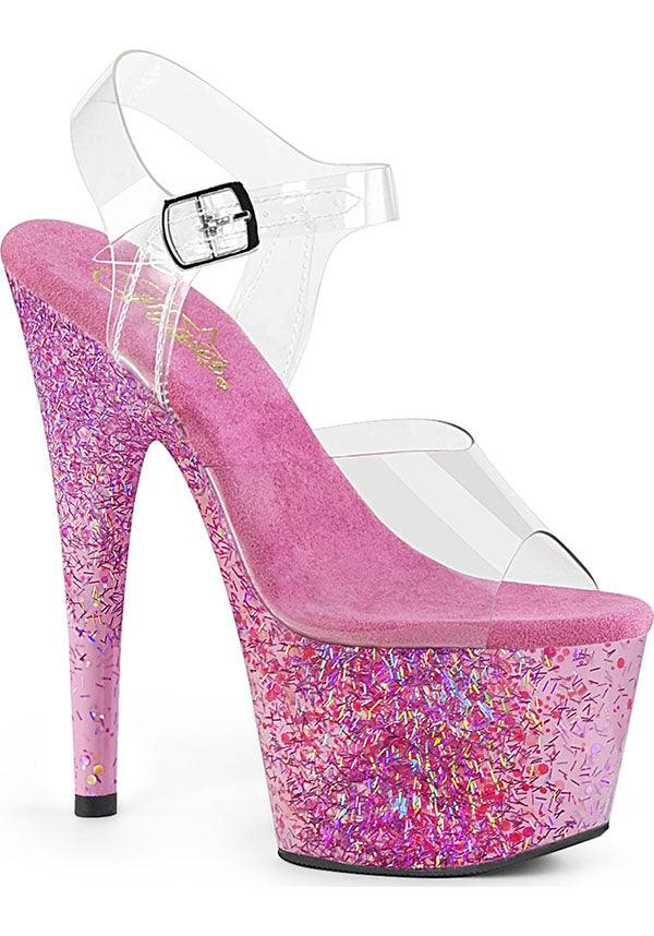 ADORE-708CF Preorder: Clear/Pink Confetti Platform Heel Ankle Boots