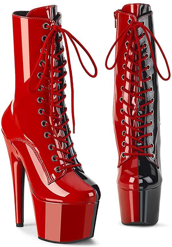 PREORDER: ADORE-1040TT Platform Boots in Red/Black Patent