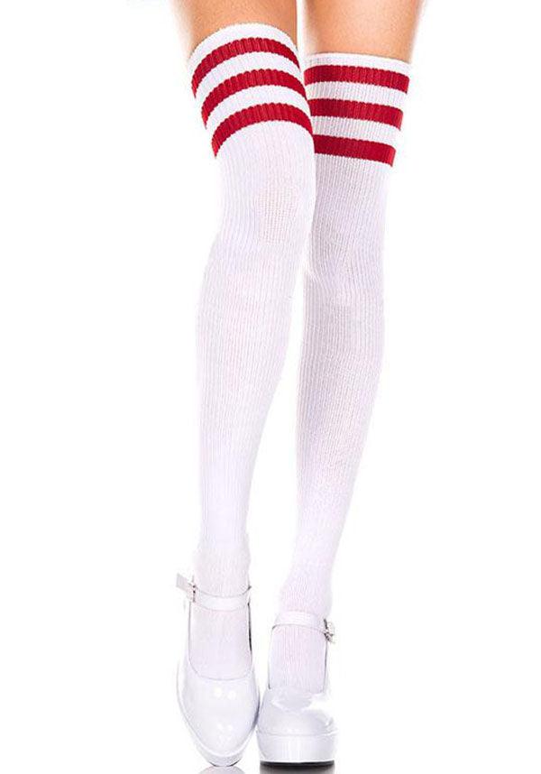 Athletic Style Striped Thigh High Socks in White and Red Color Scheme | THIGH HIGHS