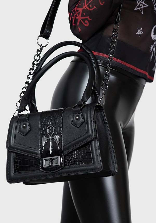 Astaroth Statement Faux Leather Handbag with Patent Faux Crocodile Detailing