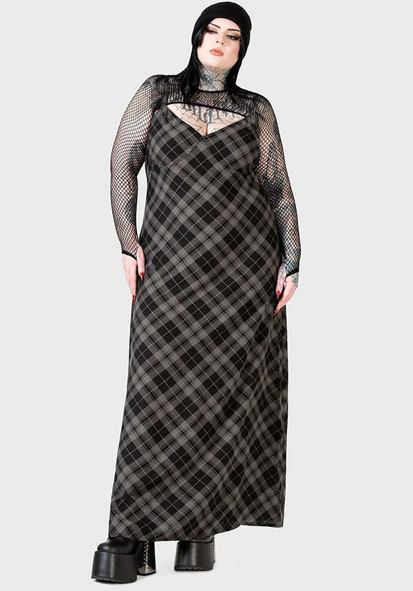 Alwina Grey Tartan Print Maxi Slip Dress for Women