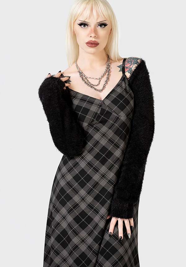 Alwina Grey Tartan Print Maxi Slip Dress for Women
