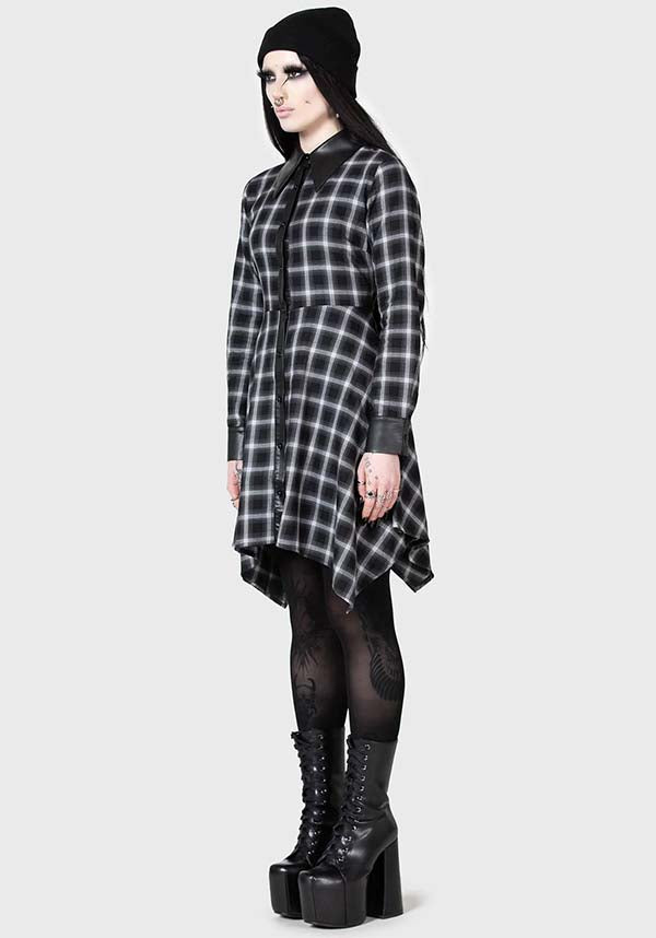 Artem Soft Cotton PU - Collar Black & Grey Tartan Mini Shirt Dress