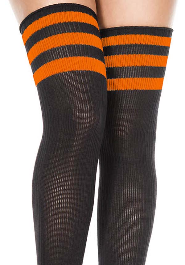 Athletic Style Black and Orange Striped Thigh High Socks by Music Legs