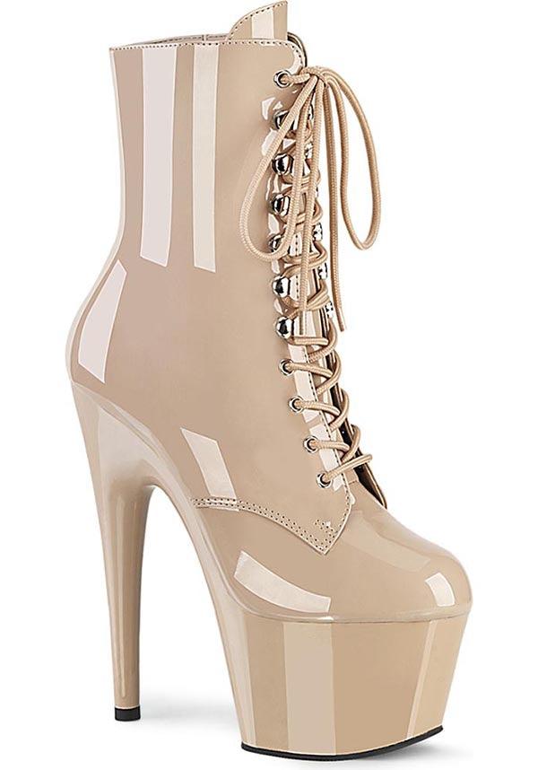 ADORE-1020 Nude Patent Platform Lace-Up Ankle Boots - Preorder