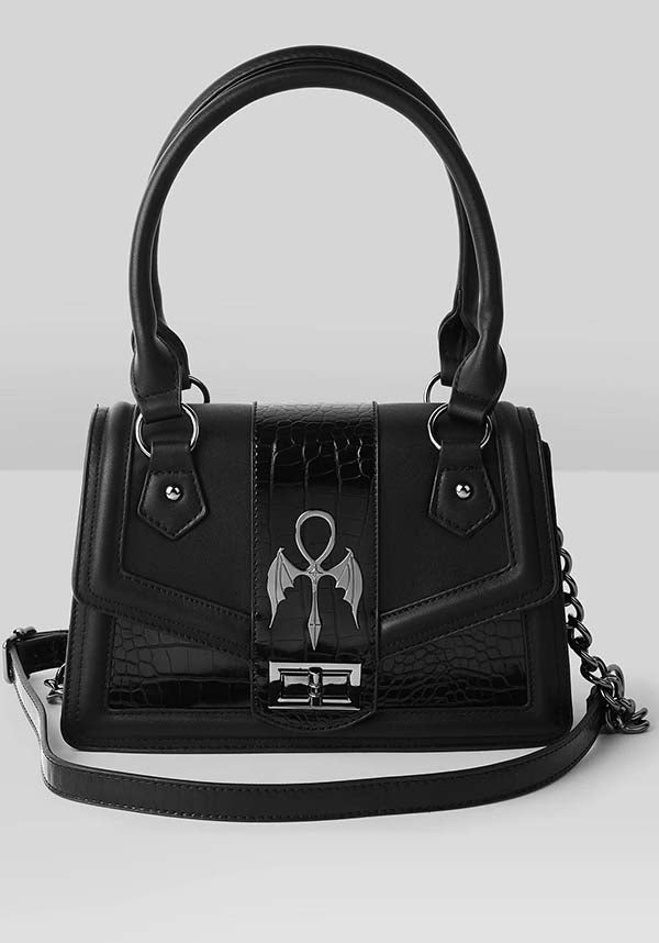Astaroth Statement Faux Leather Handbag with Patent Faux Crocodile Detailing
