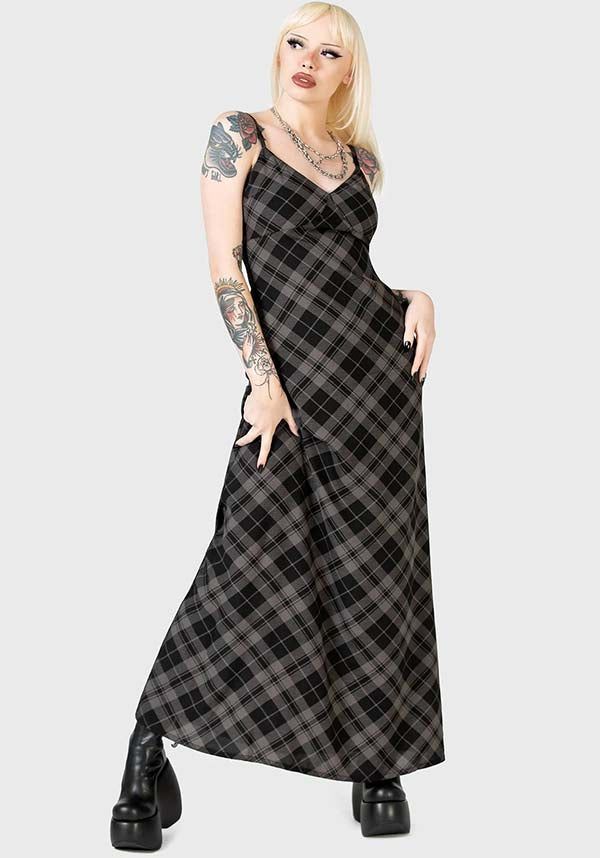Alwina Grey Tartan Print Maxi Slip Dress for Women