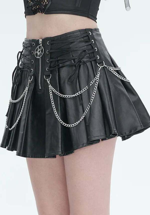 Gothic Style Faux Leather Chain-Embellished Pleated Skirt