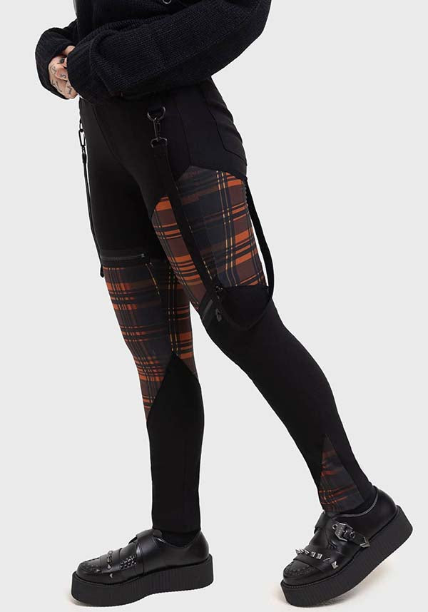 Amberic Orange Tartan Stretch Pants with Detachable Straps and Skull Zip Pullers