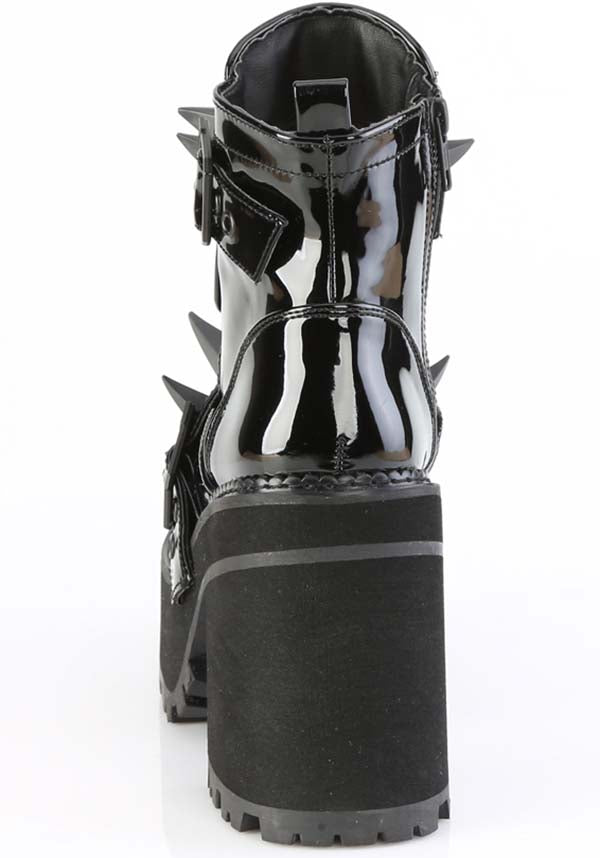 PRE-ORDER: Demonia ASSAULT-72 Platform Ankle Boots in Black Patent Leather