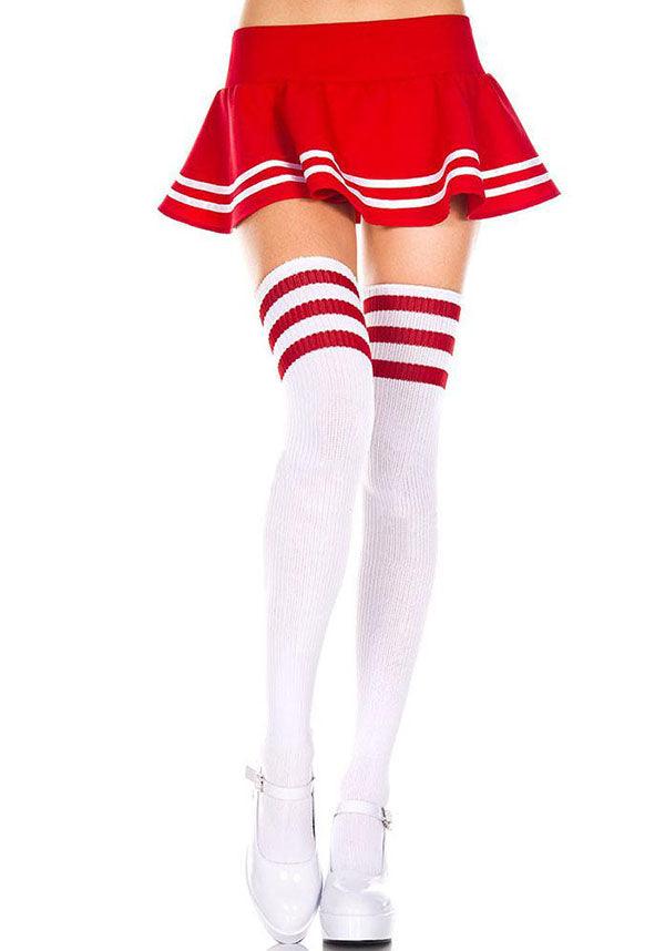 Athletic Style Striped Thigh High Socks in White and Red Color Scheme | THIGH HIGHS