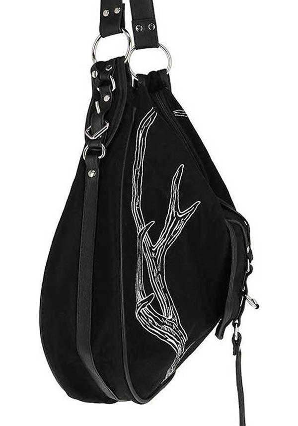 Black Deer Antler Embroidered Vegan Leather Hobo Style Handbag