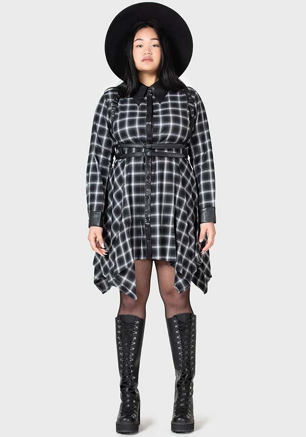 Artem Soft Cotton PU - Collar Black & Grey Tartan Mini Shirt Dress