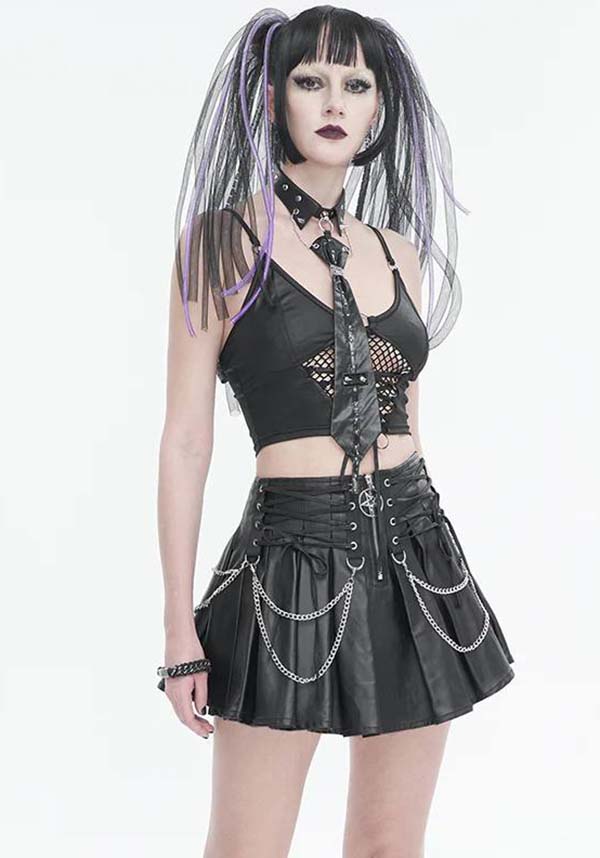 Gothic Style Faux Leather Chain-Embellished Pleated Skirt