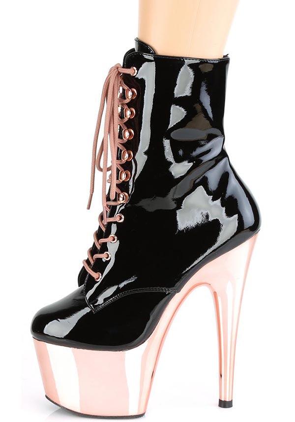 ADORE-1020 Platform Boots in Black Patent/Rose Gold Chrome - Preorder