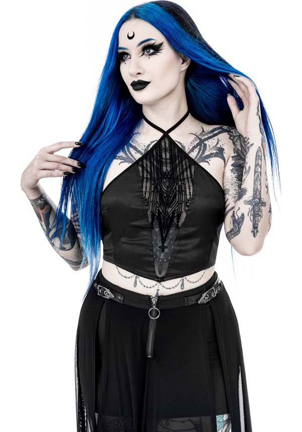 Gothic-Inspired Afterlife Halterneck Crop Top for Goth Lovers