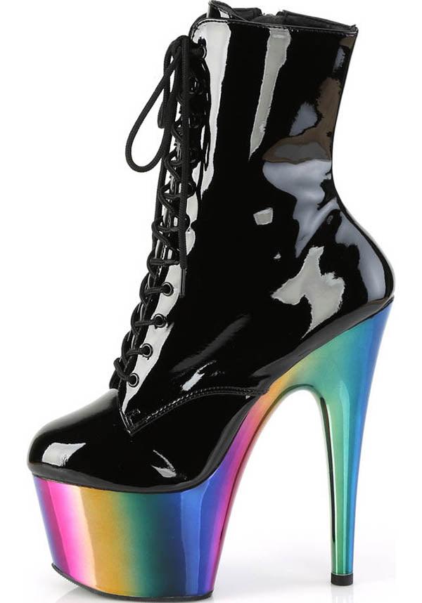 ADORE-1020RC Black Patent and Rainbow Chrome Platform Heel Lace - Up Front Ankle Boots [PRE - ORDER]