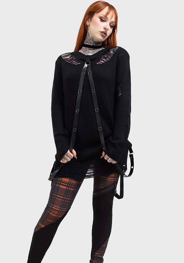 Amberic Orange Tartan Stretch Pants with Detachable Straps and Skull Zip Pullers