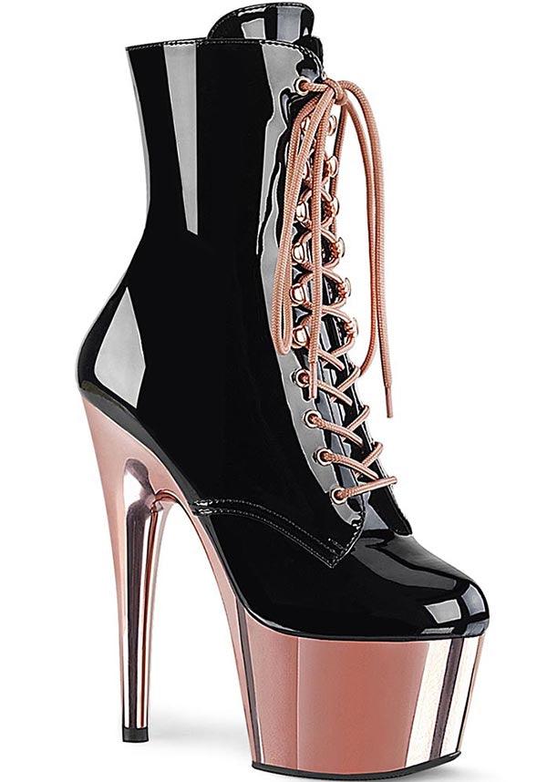 ADORE-1020 Platform Boots in Black Patent/Rose Gold Chrome - Preorder