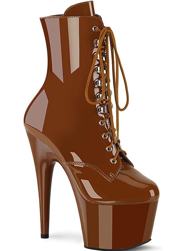 ADORE-1020 Caramel Patent Platform Lace-Up Front Ankle Boots [Pre-Order]