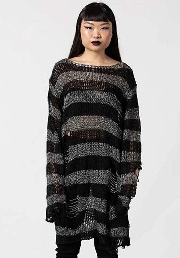 Abyss Glitter Knit Stripe Long Line Distressed Detailing Relaxed Fit Unisex Knit Sweater