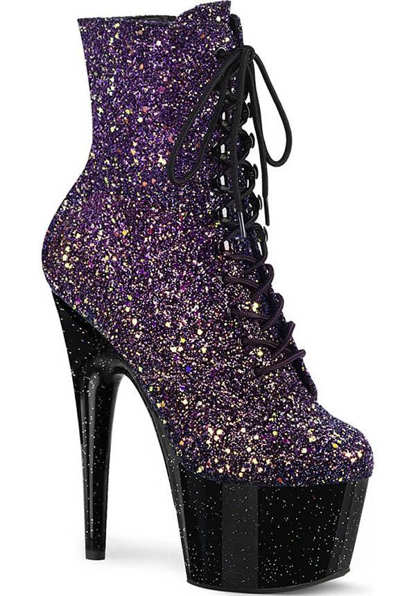ADORE-1020OMBG Purple Glitter and Black Platform Pre-Order Ankle Boots for Fashion Lovers