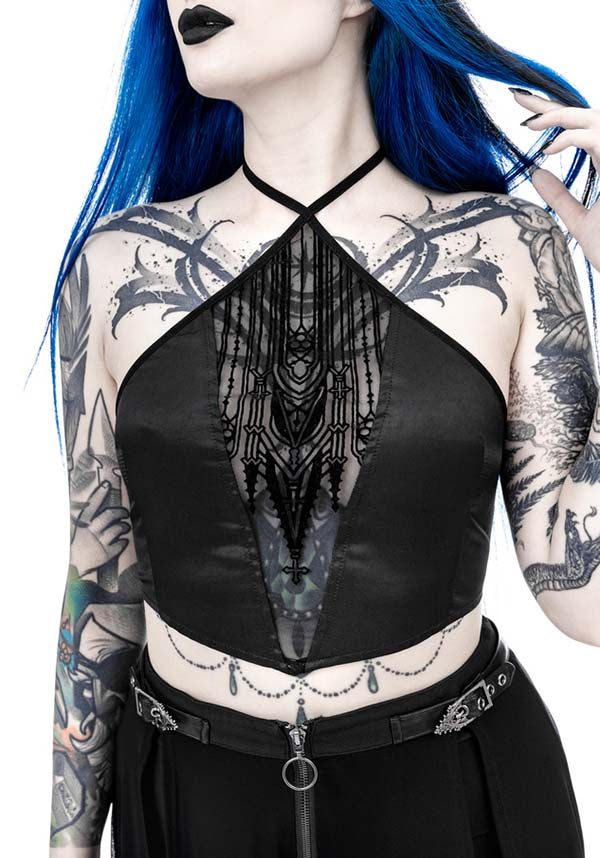 Gothic-Inspired Afterlife Halterneck Crop Top for Goth Lovers