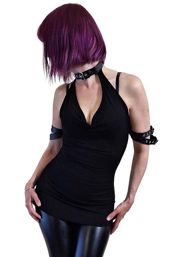 Chic Aphrodite Plunge Cowl Neck Faux Leather Top for Fashion Enthusiasts