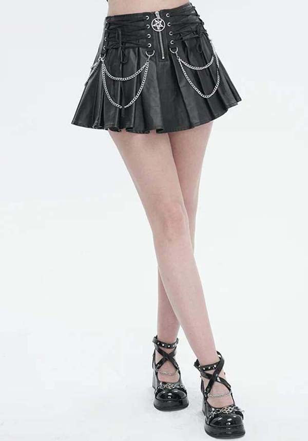 Gothic Style Faux Leather Chain-Embellished Pleated Skirt