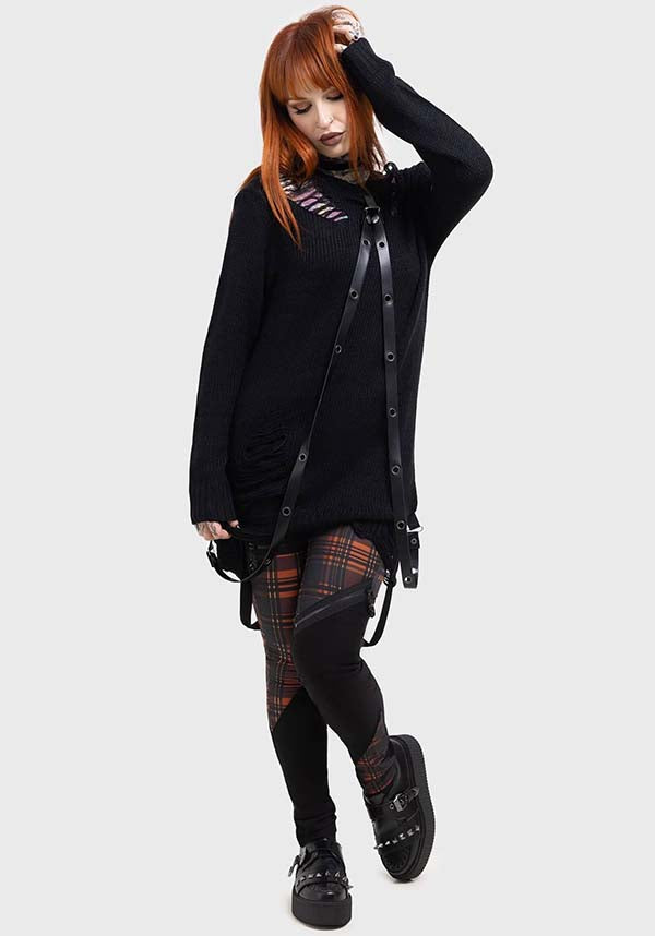 Amberic Orange Tartan Stretch Pants with Detachable Straps and Skull Zip Pullers