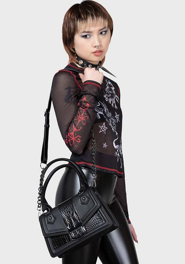 Astaroth Statement Faux Leather Handbag with Patent Faux Crocodile Detailing