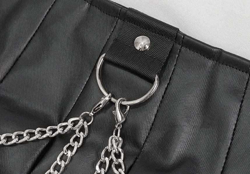 Gothic Style Faux Leather Chain-Embellished Pleated Skirt