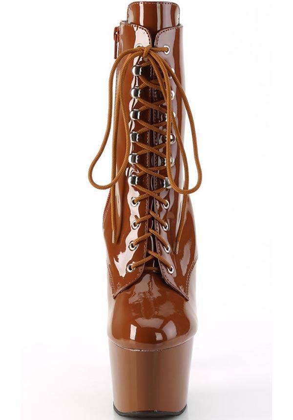 ADORE-1020 Caramel Patent Platform Lace-Up Front Ankle Boots [Pre-Order]
