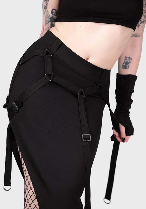 Acacia's Poison Women's Asymmetric MIDI Skirt with Statement Straps and Gun - Metal Hardware