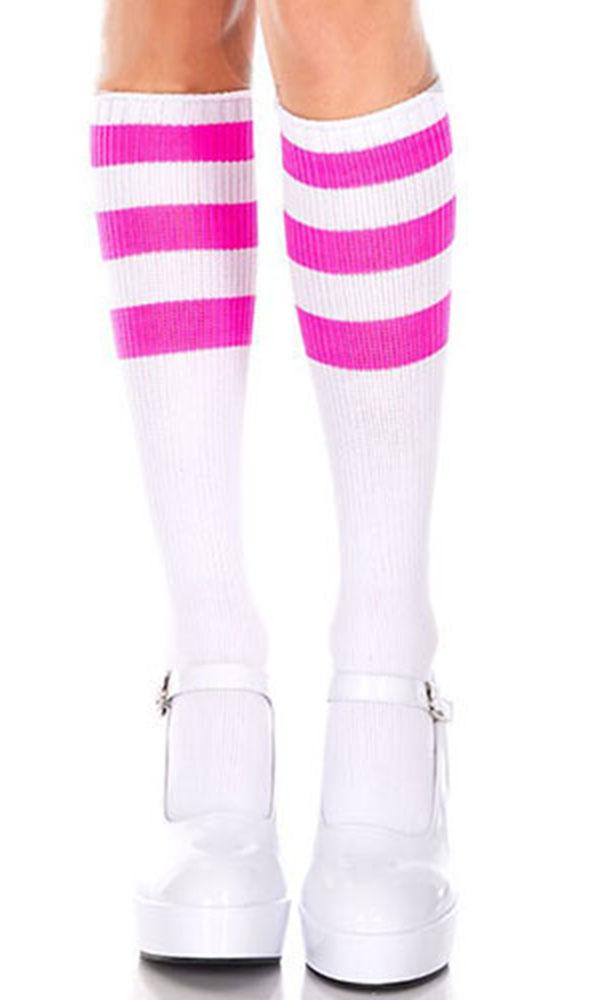 Acrylic Knitted Knee High Socks with Triple Stripe Design in White and Neon Pink Color Scheme