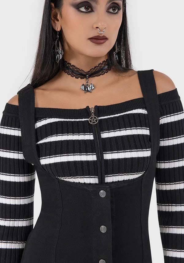 Ashryn Women's Off-Shoulder Striped Ribbed Knit Top with Pentagram Hardware
