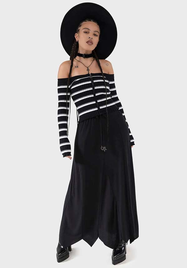 Ashryn Women's Off-Shoulder Striped Ribbed Knit Top with Pentagram Hardware