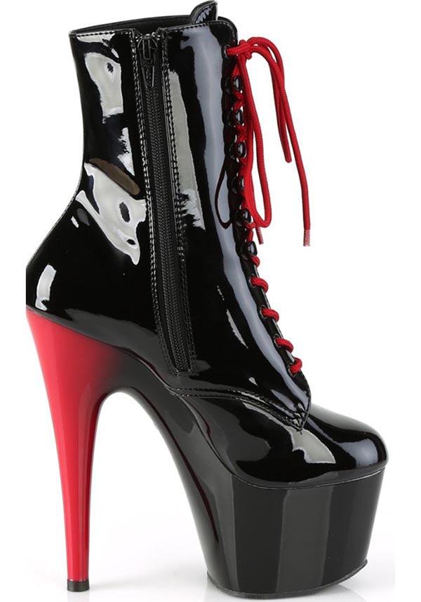 PREORDER: ADORE-1020 Platform Boots in Black Patent with Black-Red Design