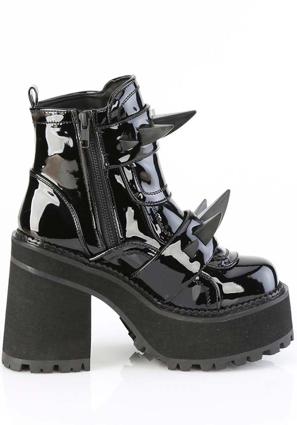 PRE-ORDER: Demonia ASSAULT-72 Platform Ankle Boots in Black Patent Leather